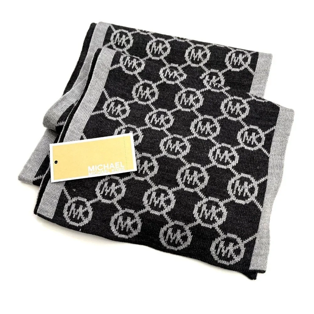 Michael Kors MK Logo Knit Scarf Gray Black Reversible Unisex NWT 9.5